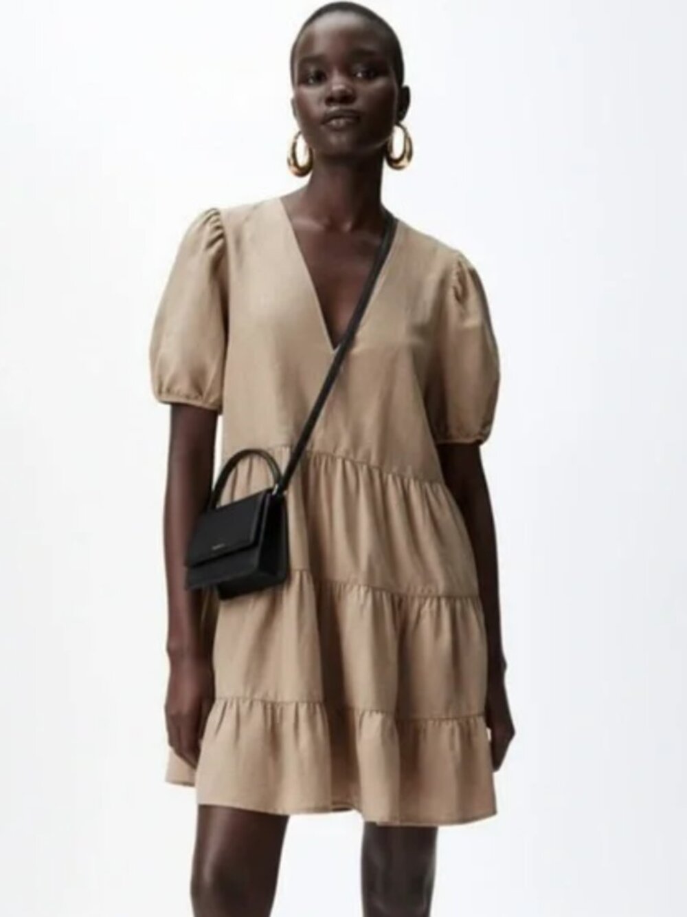XS Zara Khaki Puff Sleeve Linen Blend Tiered Mini Babydoll V Neck Dress